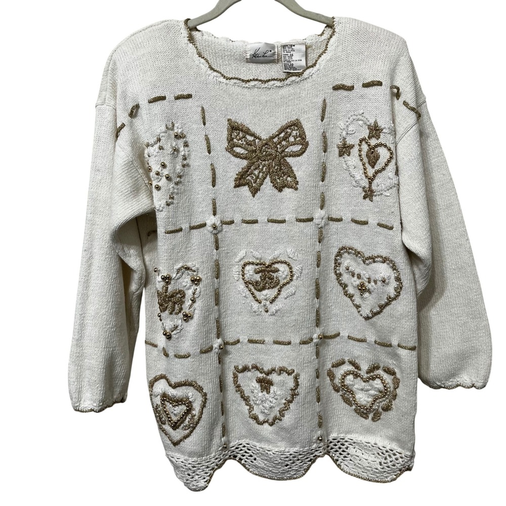 Kathie Lee Vintage Knit Sweater Heart Bow Applique‎ Pearls Beads Sequins 16W